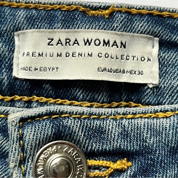 Zara Woman Distressed Jeans Denim Raw Hem High Waisted Skinny Stretch Blue Sz 8 - Picture 4 of 15
